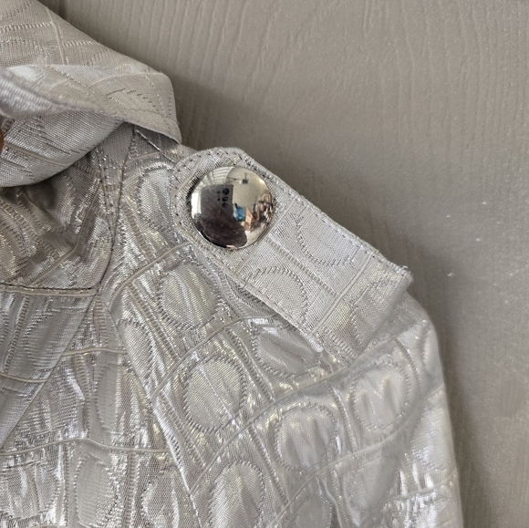 Cache Silver Jacket Women Sz M Shimmery Huge 3buttons Belted Sleveless Y2k Crop - Picture 10 of 16